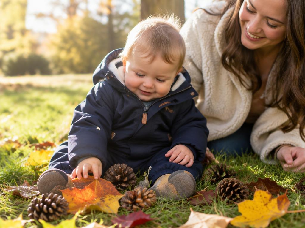 A baby exploring leaves and pinecones on the grass