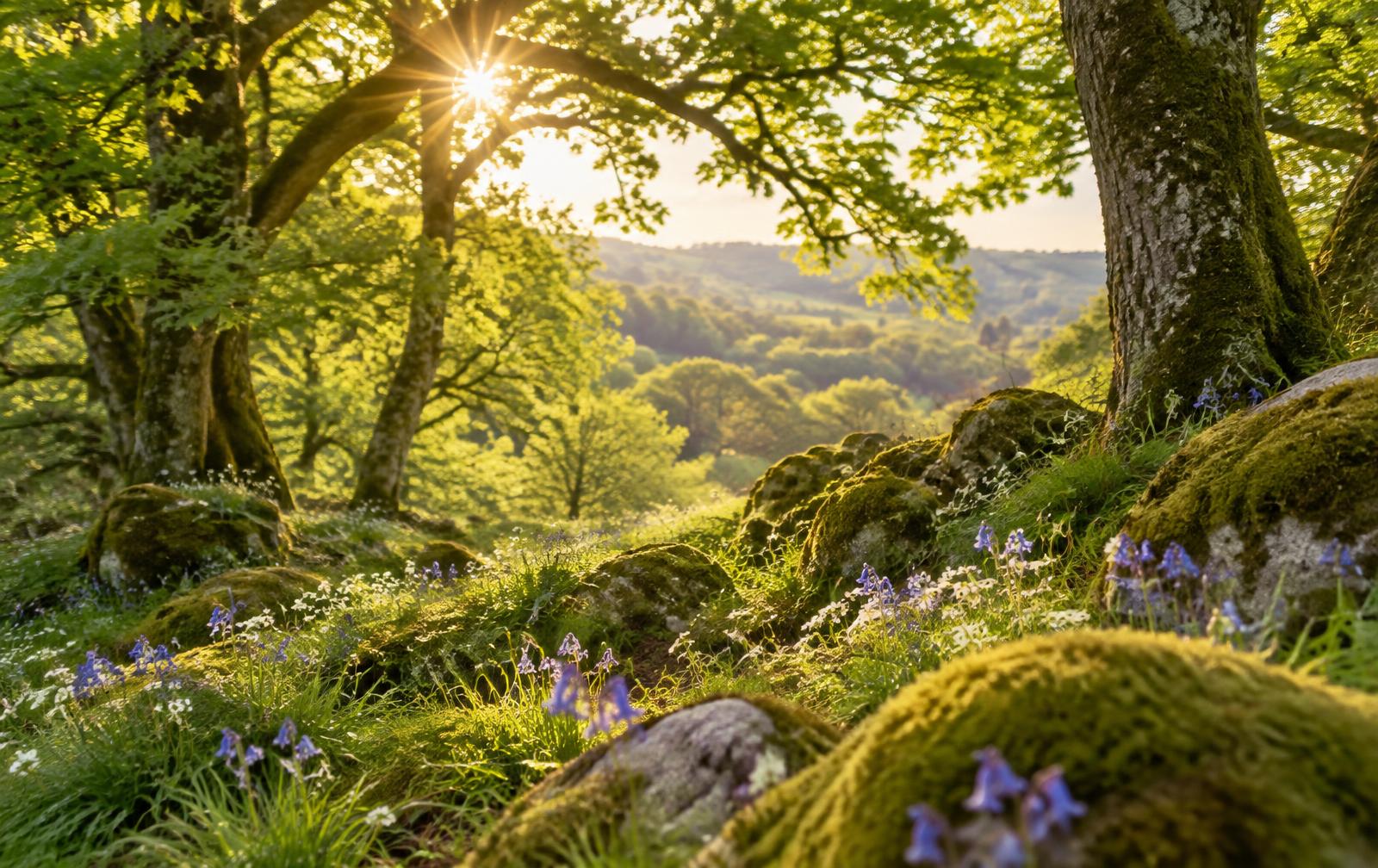Sunlit Somerset woodland with moss and wildflowers