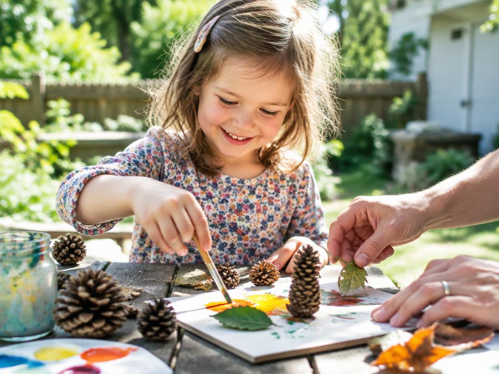 A smiling child painting leaves and pinecones at an outdoor craft table