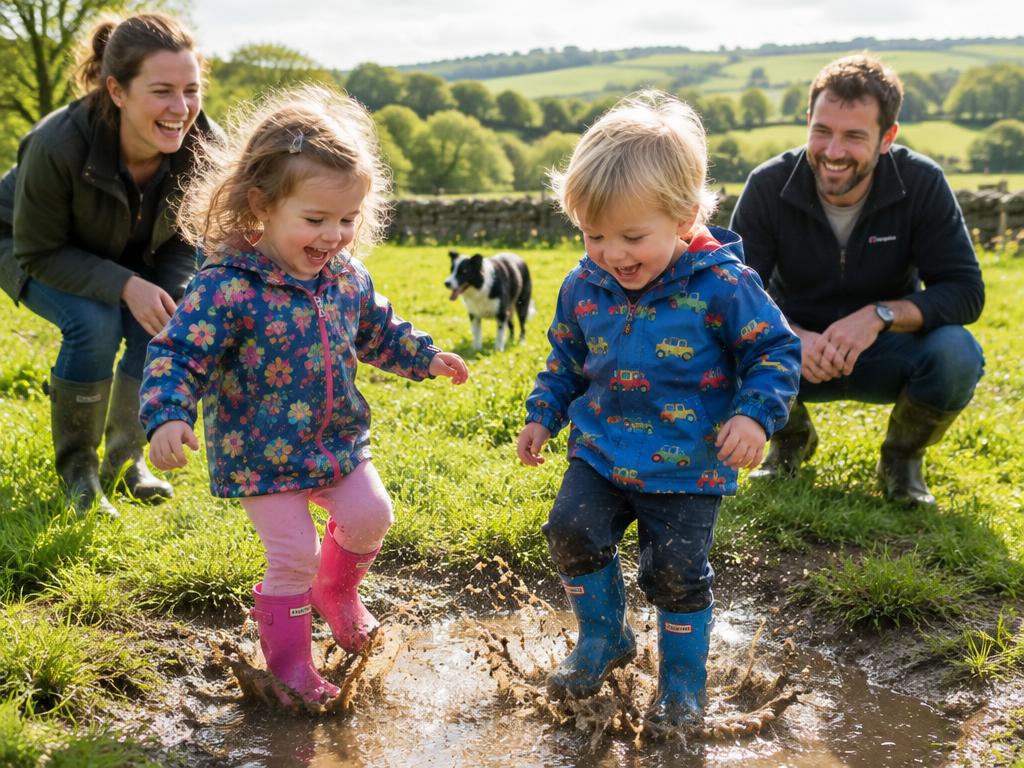 Children in wellies splashing in a muddy puddle while their parents laugh